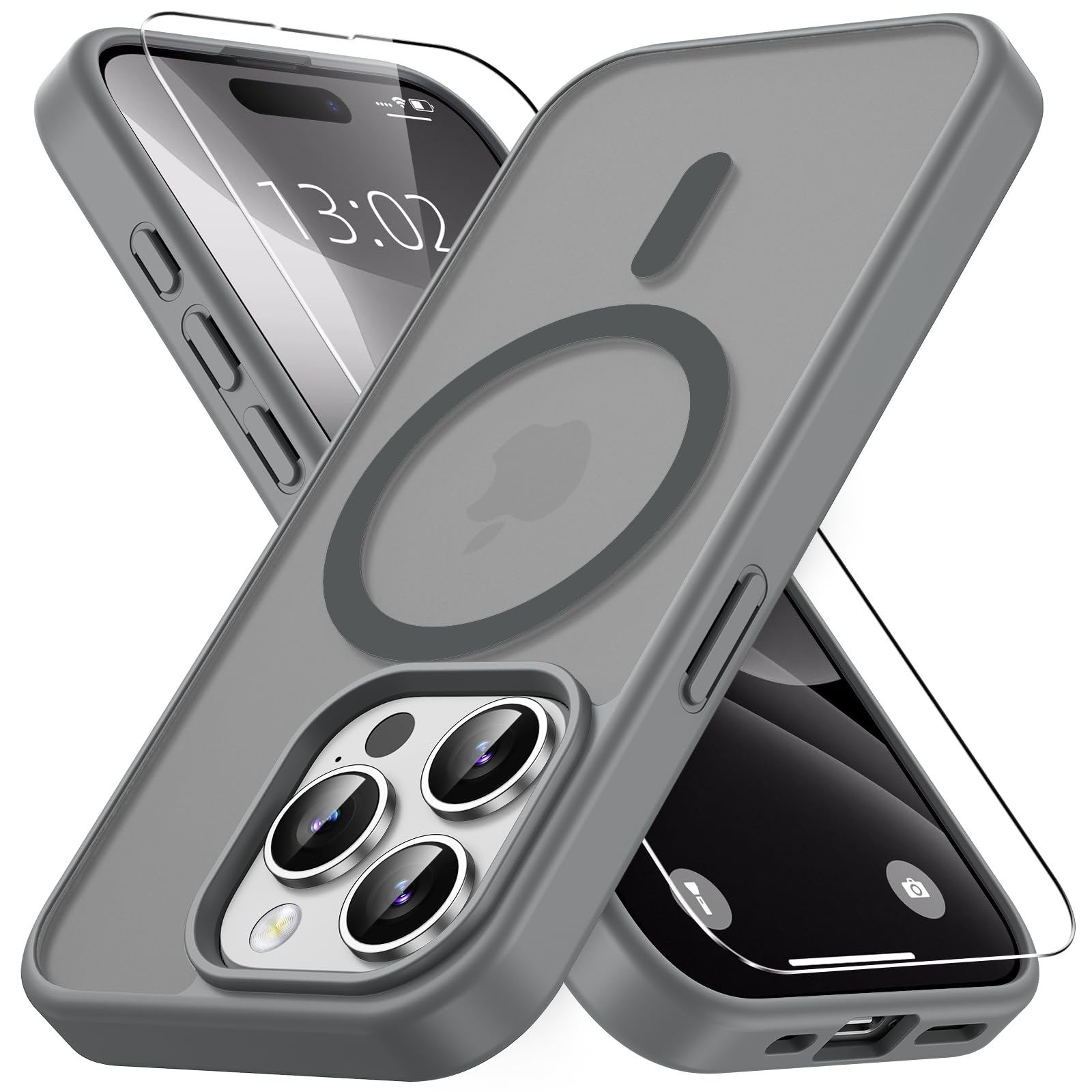 Vansdon Cover Magnetica per iPhone 15 Pro con 1 Pezzi Vetro Temperato, Compatibile con Magsafe, Protezione anticaduta di livello militare, Custodia Traslucida Opaca Sottile Antiurto-Grigio titanio