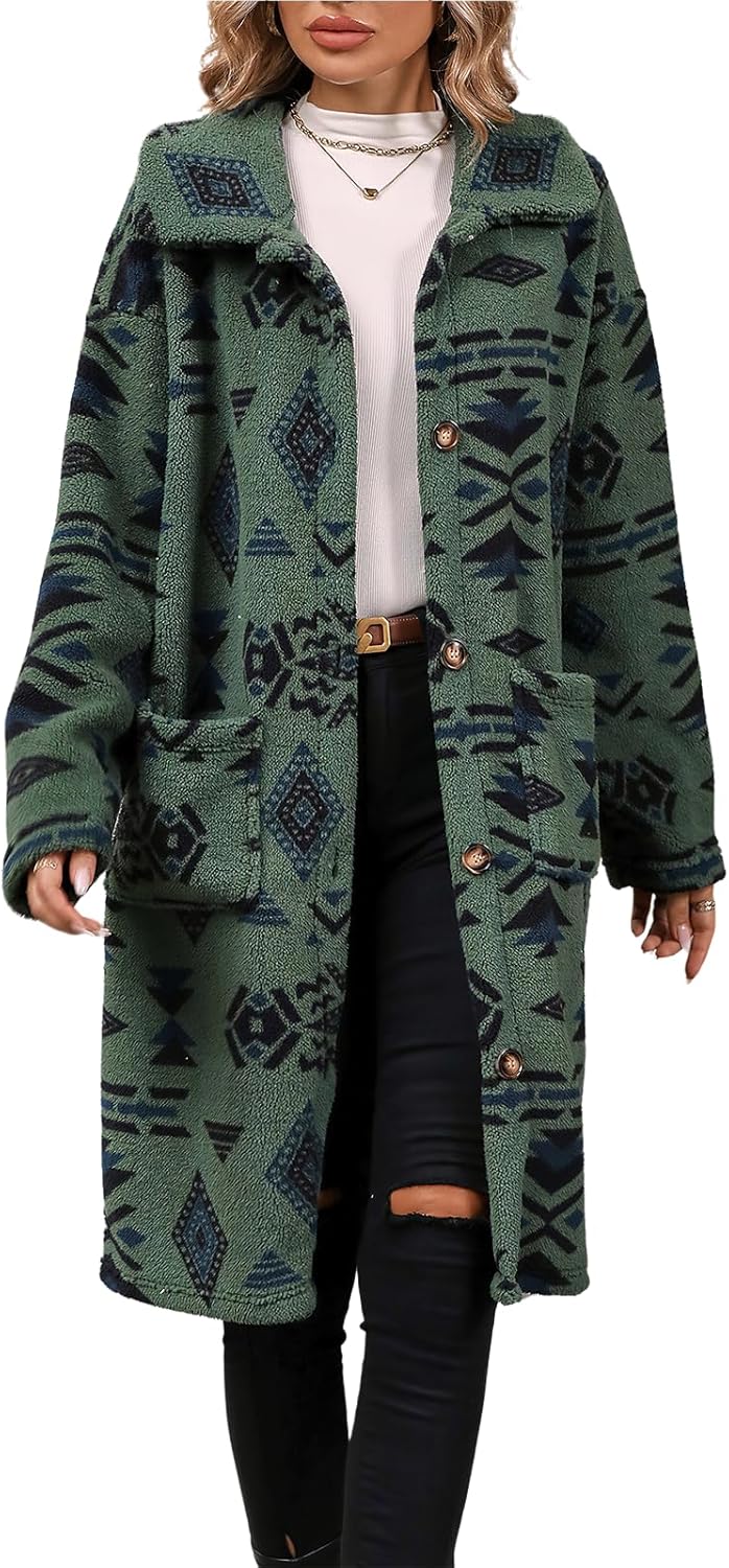 ebossy Women's Cozy Fleece Fluffy National Ethnic Floral Print Aztec Coat Single Breasted Warm Mid Long Trench Coat
