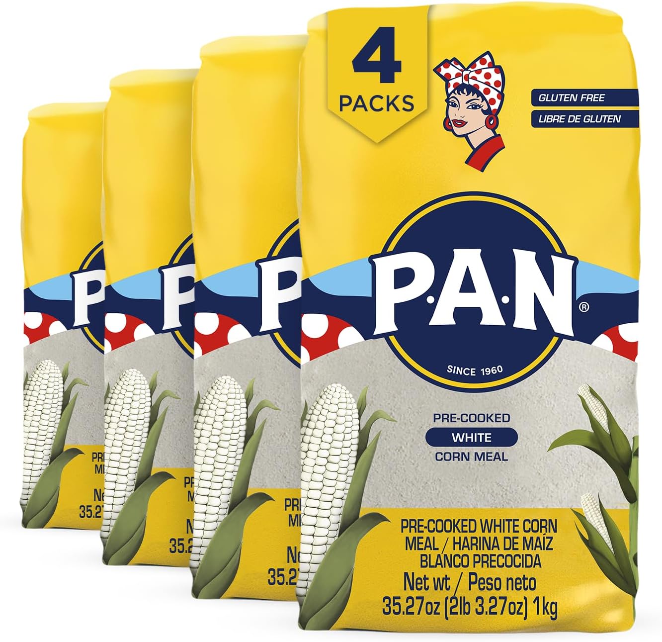 P.A.N. White Corn Meal – Pre-cooked Gluten Free and Kosher Flour for Arepas (2.2 lb/Pack of 4)