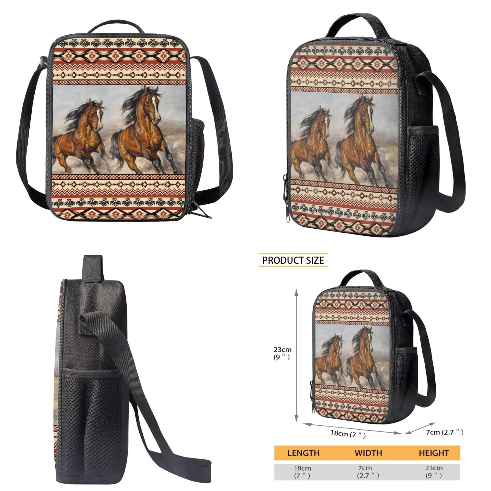 Poceacles Zaino scolastico con borsa per il pranzo e astuccio per ragazze e bambini, set da 3 pezzi, borsa per la scuola Mochila Escolar para NiñAs, Cavallo tribale azteco