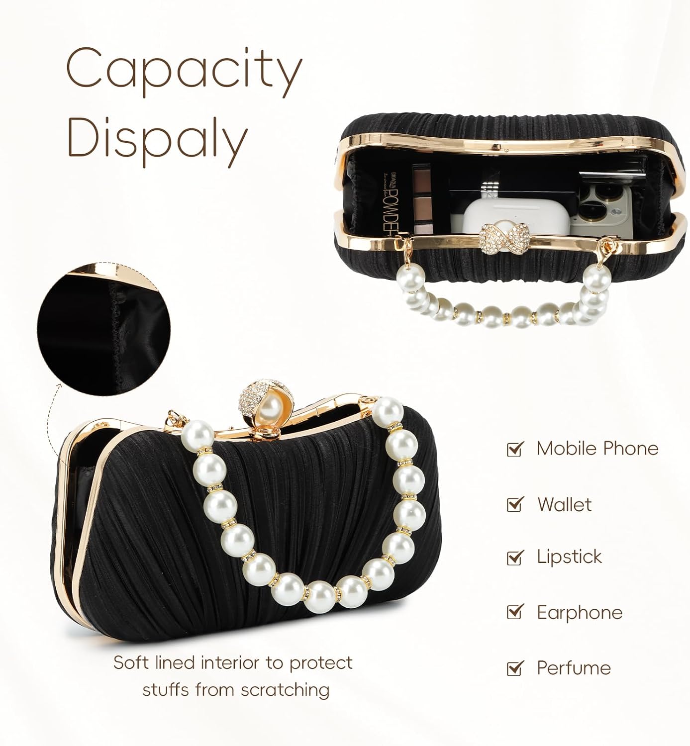 Black Clutch Purse for Women Trendy Pearl Evening Bag for Wedding Party Bridal Formal
