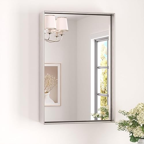 Miniatura 307 de Keonjinn Espejo de baño dorado de 48 x 36 pulgadas, espejo rectangular con marco de metal dorado cepillado, espejo de pared grande rectangular