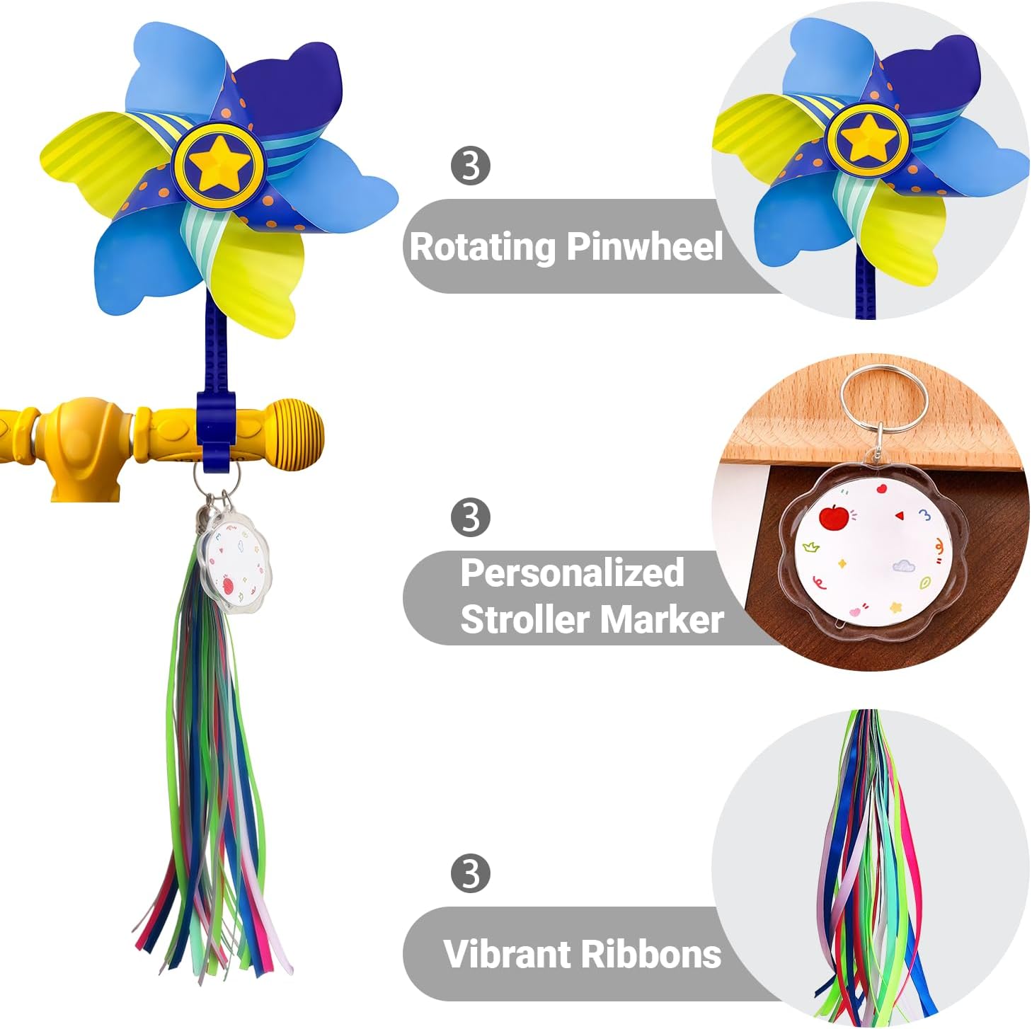 Stroller Identification Hanger with Rotating Pinwheel, Vibrant Ribbons & Custom Name Plate | Quickly Locate Your Stroller in Crowded Parks, Airports | Easy Clip-On Design (Blue 2)