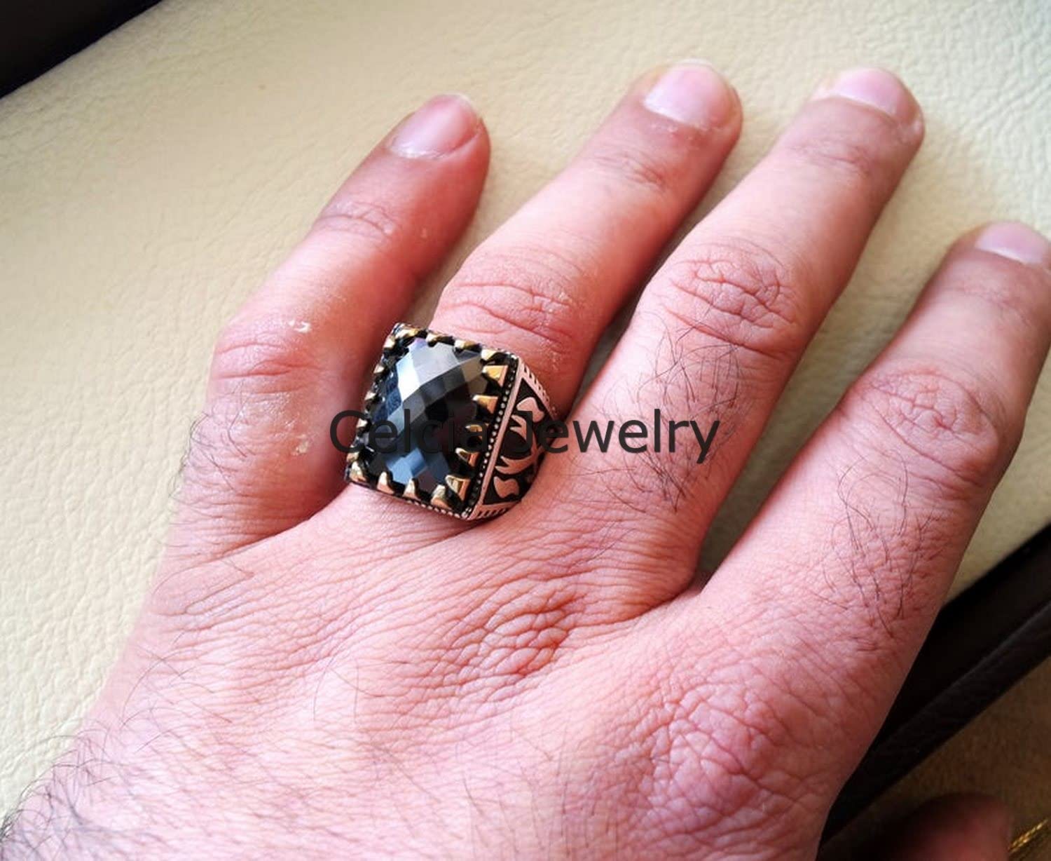 Edelstein-Checker-Ring, Siegelring für Herren, Statement-Ring, Verlobungsgeschenke, silberner Emaille-Ring, bester Februar-Geburtsstein-Ring