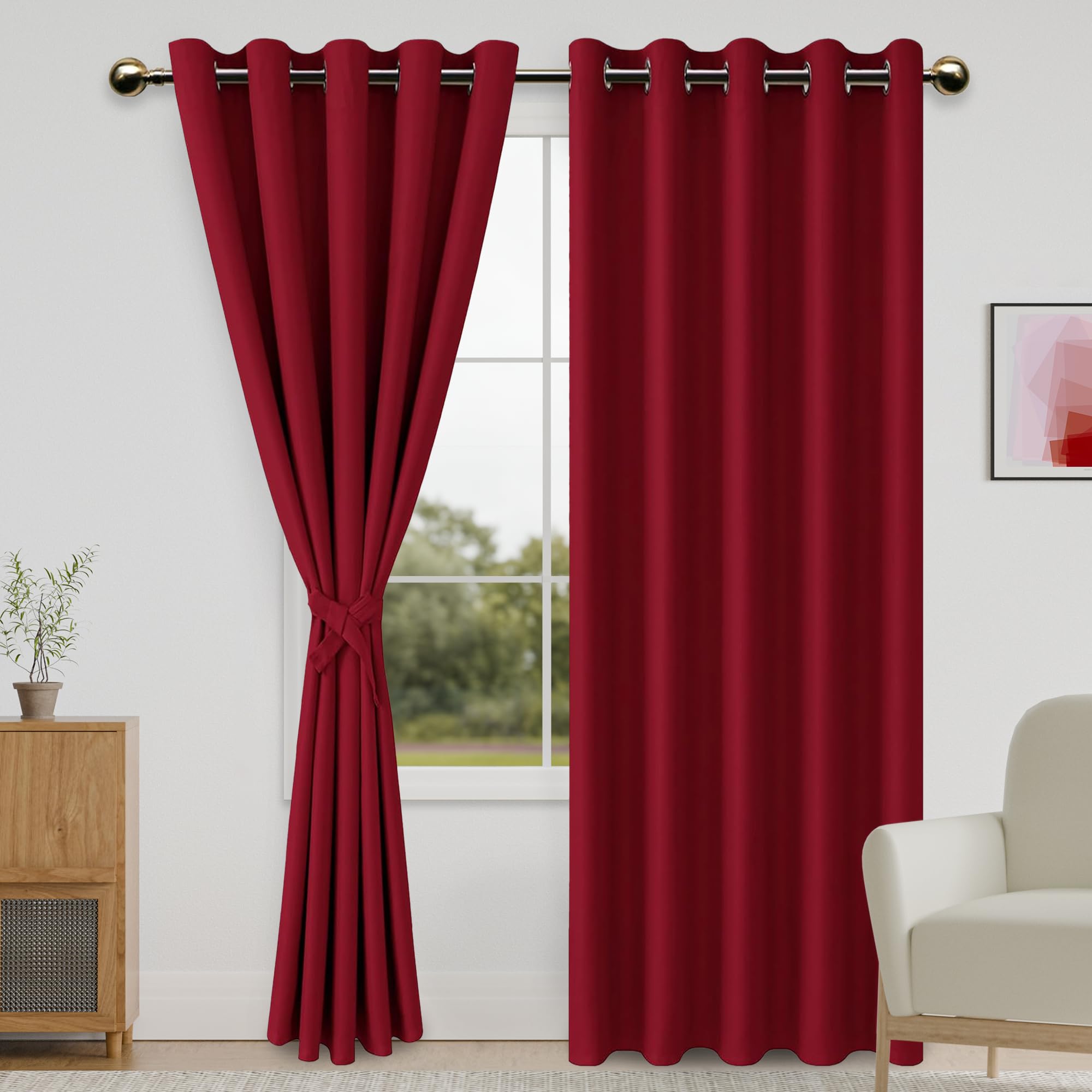 DWCN Blackout Curtains with Tiebacks - Christmas Thermal Insulated Privacy Protection Grommet Window Curtains for Living Room Bedroom, 60 x 84 inch Length, Red, 2 Panels — image 1
