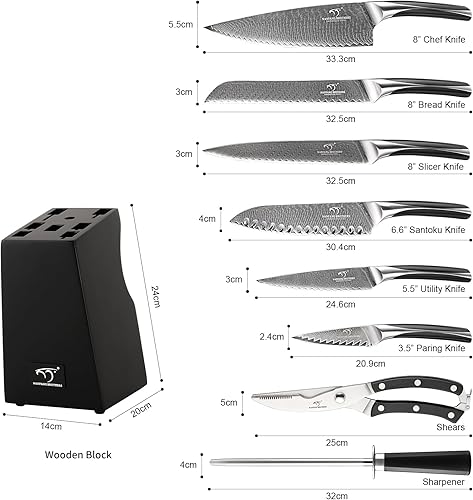 Miniatura 2 de NF NANFANG BROTHERS - Juego de cuchillos de cocina de Damasco de 9 piezas con bloque, mango ergonómico de ABS para juego de cuchillos de chef,