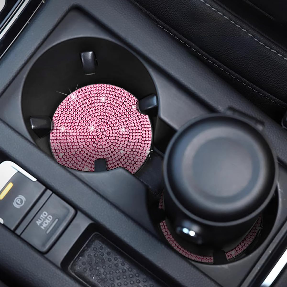 2PCS Bling Car Cup Holder Coaster, Crystal Rhinestone Non-Slip Insert Auto Cup Pads, Sparkling Vehicle Decor Bottle Mat Accessories for Women Girls, Universal for RV, SUV, Truck (Pink)