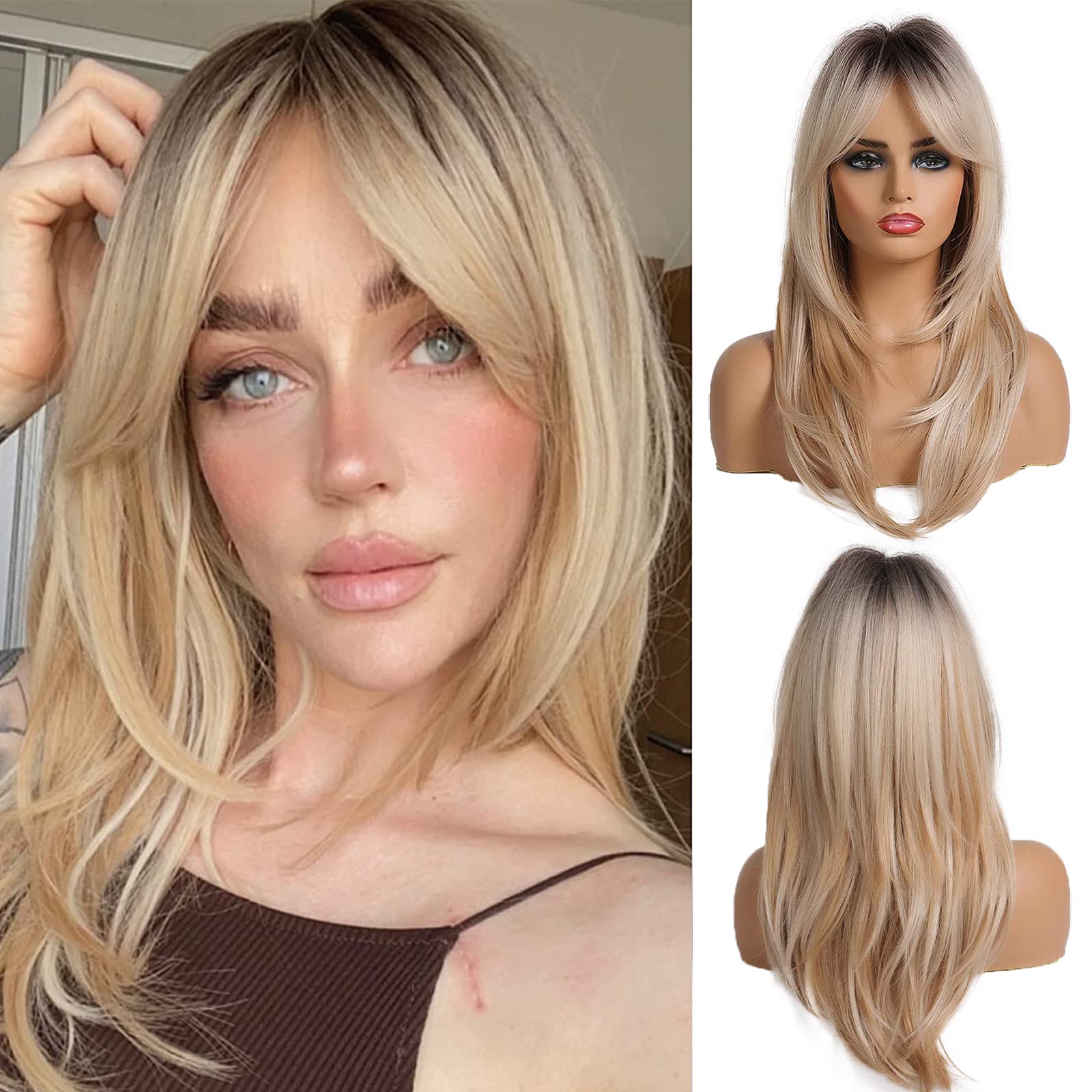 Amazon.com : OUFEI 20 Inches Long Straight Blonde Layered  display picture 3