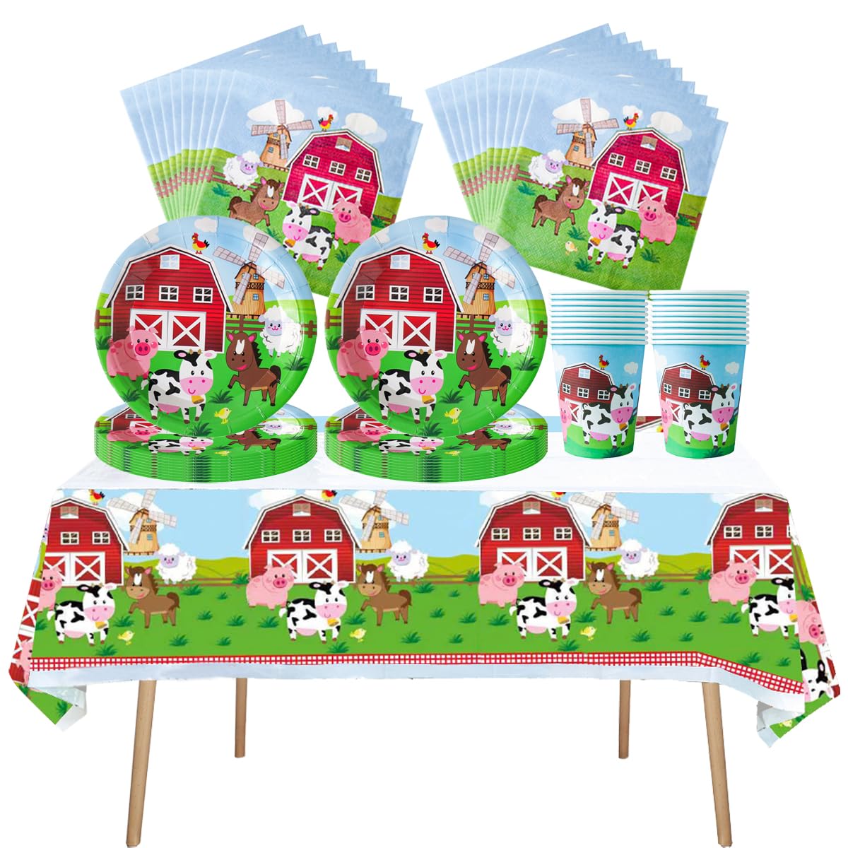 Fuwraixis Farm animals party tableware, 61 piece Piglet and Cow children's birthday cutlery, Ranch theme party decoration supplies set, Includes paper cups, plates, napkins and tablecloths