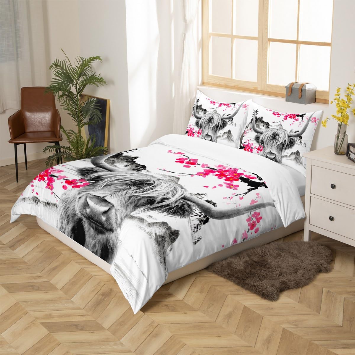 Loussiesd Highland Cow Comforter Cover Cute Red Floral Cattle Bedding Set Kids Girls Women Men Cherry Blossom Duvet Cover Western Bull Cow Print Bedspread Exotic Wild West Animal Single - Image 3