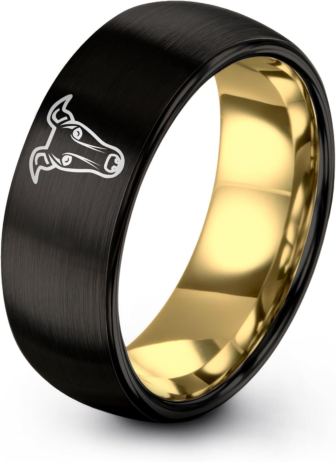 Greyhound Ring - Gift for Dog Fan - Personalized Custom Engraving - Tungsten - Black Gunmetal Silver Yellow Gold - Anniversary Wedding - Men Women - Band - 8mm - Brushed Polished - Flat Dome Bevel