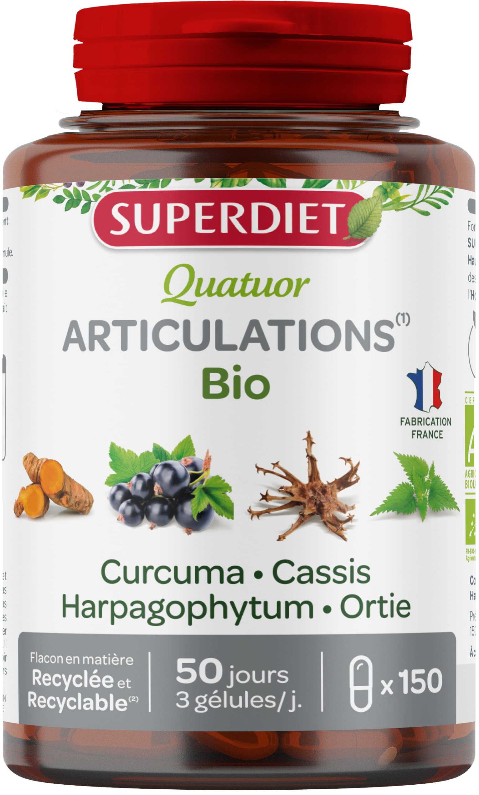 SUPERDIET - QUATUOR ARTICULATIONS BIO – Articulation – Curcuma, Cassis, Harpagophytum, Ortie – Fabrication française – 150 gélules