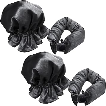4 New Satin Heatless Hair Curlers, Heatless Curl Hair Roller with Hair Cap, Soft Curling Rod Headband for Long Hair, Curling Set for Overnight Sleep Color Black#1