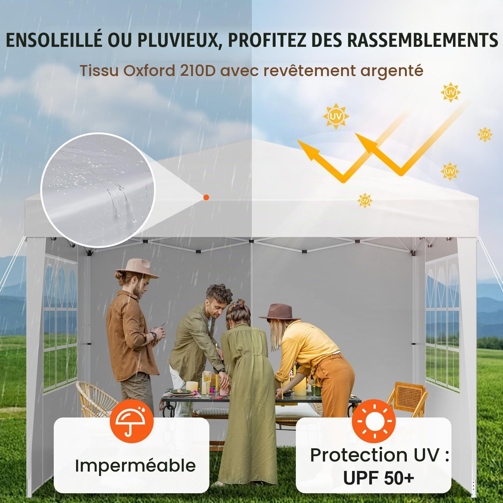 VEVOR Tonnelle Pop-up, 2,95x2,95 m, Gazebo Auvent Escamotable Instantané Portable, avec Parois Latérales, Fenêtres Ventilées, Facile à Monter, Abri Solaire Extérieur pour Événements, Jardin, Blanc