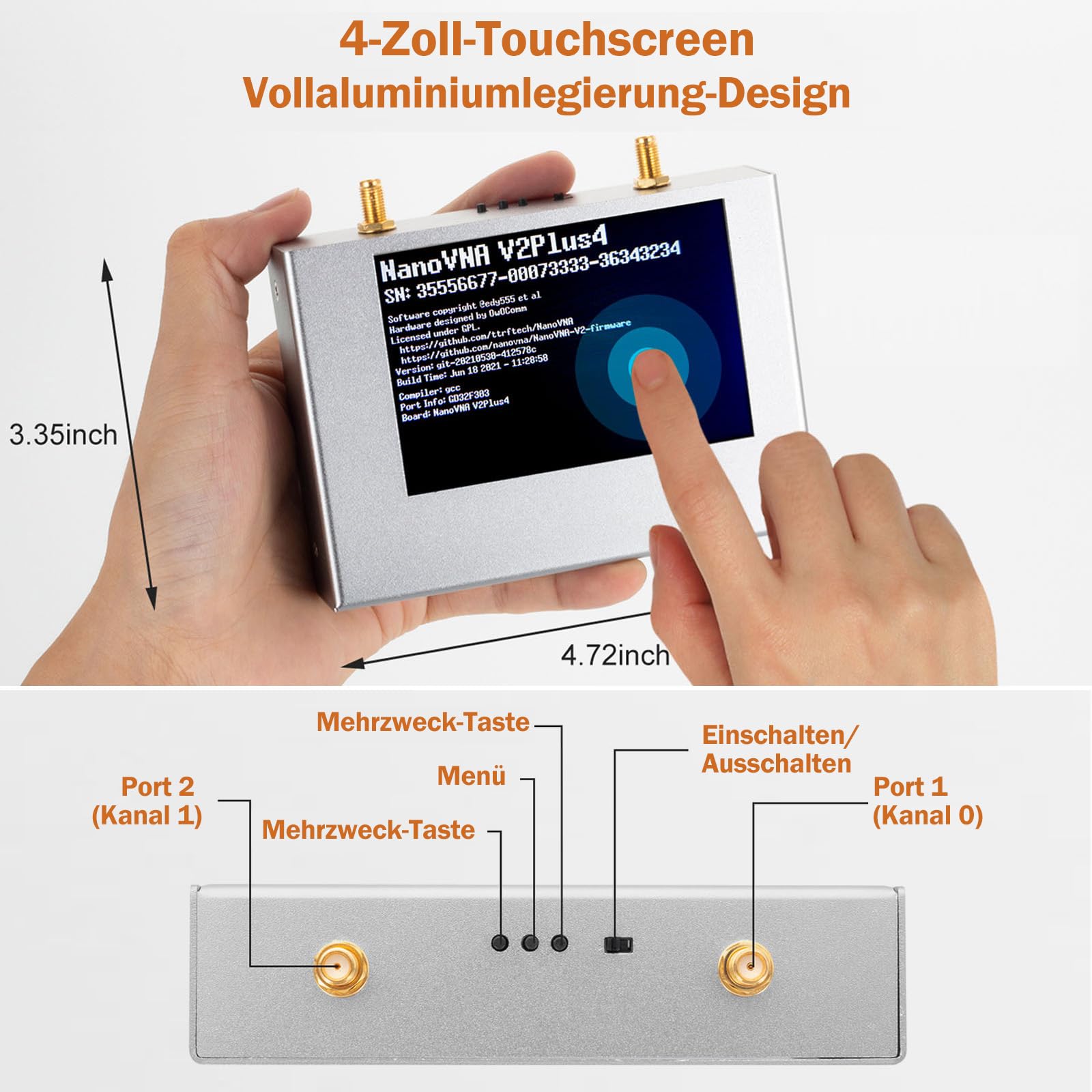 AURSINC NanoVNA V2 PLUS4 Vektor-Netzwerkanalysator, 4-Zoll 50kHz–4,4GHz HF/VHF/UHF Antennenanalysator, Messung von S-Parametern, SWR, Phase, Smith-Diagramm, mit 3200 mAh-Akku