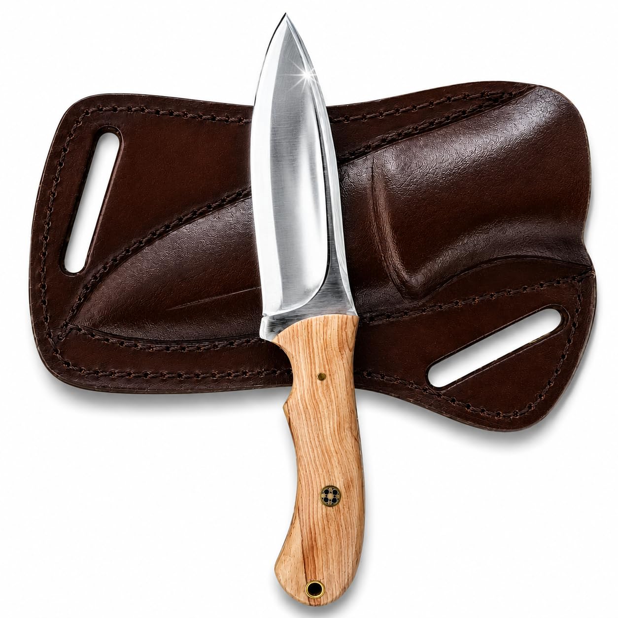 Handgeschmiedetes Jagdmesser mit Lederscheide, Bushcraft Messer feststehend aus 1095 Carbonstahl, Outdoor Survival Messer mit Olivenholzgriff, Camping Messer, Fahrtenmesser, EDC Messer für Jagd