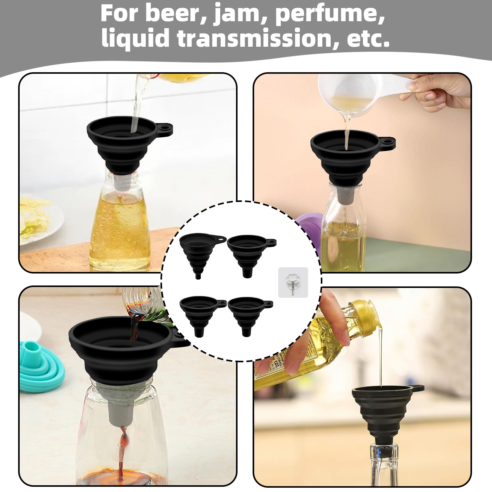 Embudo Plegable de 4 Tamaños, Embudo Cocina, Embudo Pequeño Embudo Grande, Embudo de Silicona para Cocina, Mini Embudo Plegable para Transferencia de Líquidos de Cerveza (S/M/L/XL)
