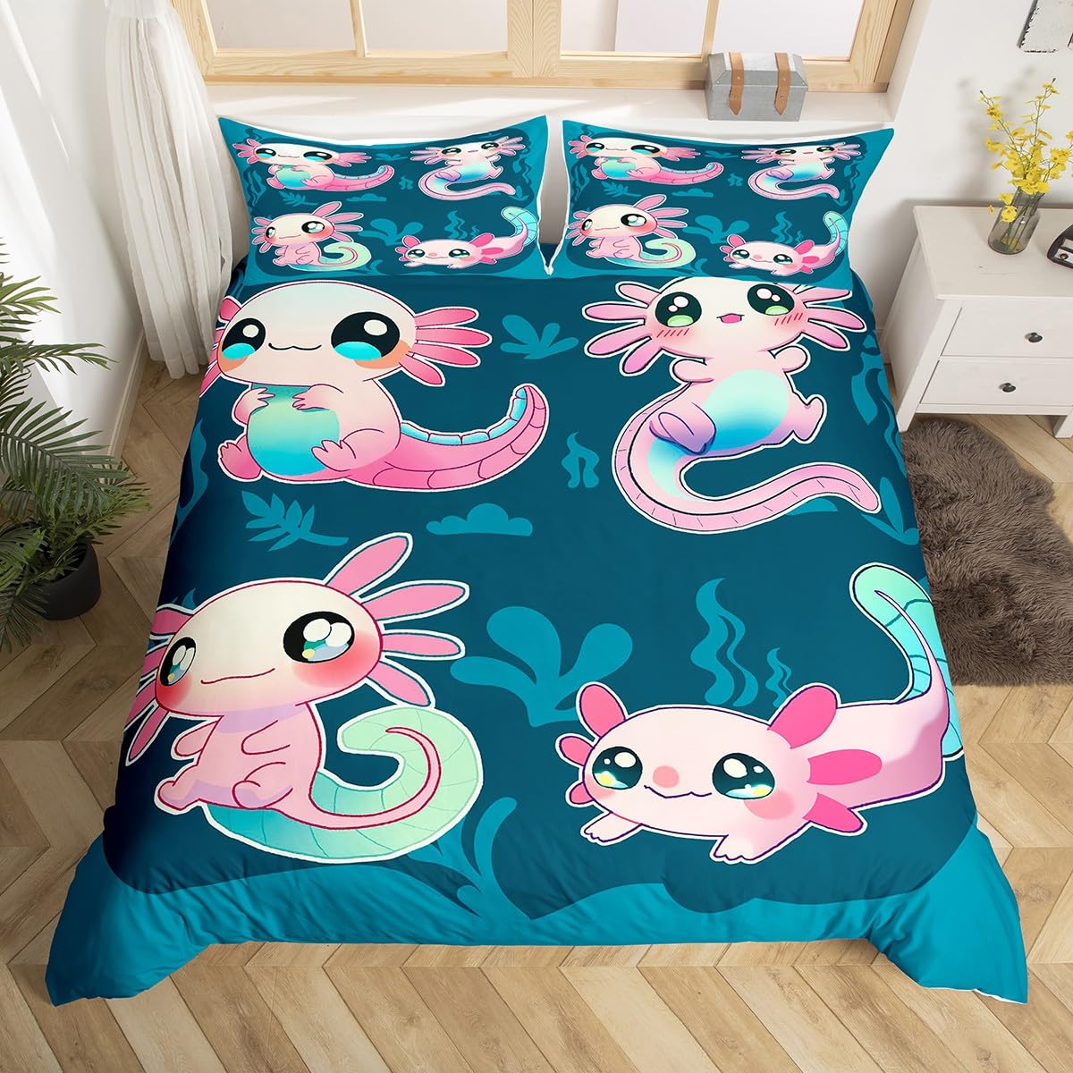 100% Natur Baumwolle Cartoon Axolotl Bettbezug Für Kinder Teens,Nette Tier Hand Draw Graffiti Bettwäsche Set Für Schlafzimmer,Girly Rosa Ganzjahres Bettwäsche Mit Reißverschluss Verschluss 200x200