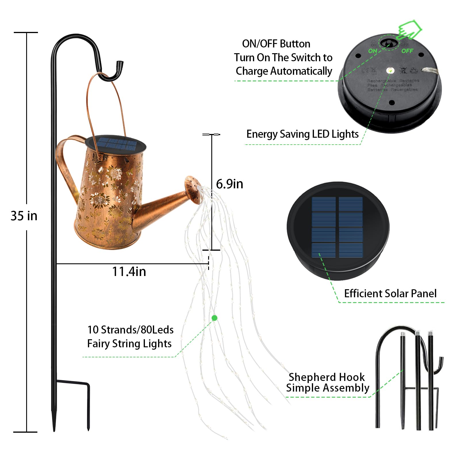 VOOKRY Luci solari per esterni, grande annaffiatoio solare in metallo da appendere, impermeabile, girasole, decorazione da giardino, luci esterne per portico, prato, patio, regali per mamma, nonna