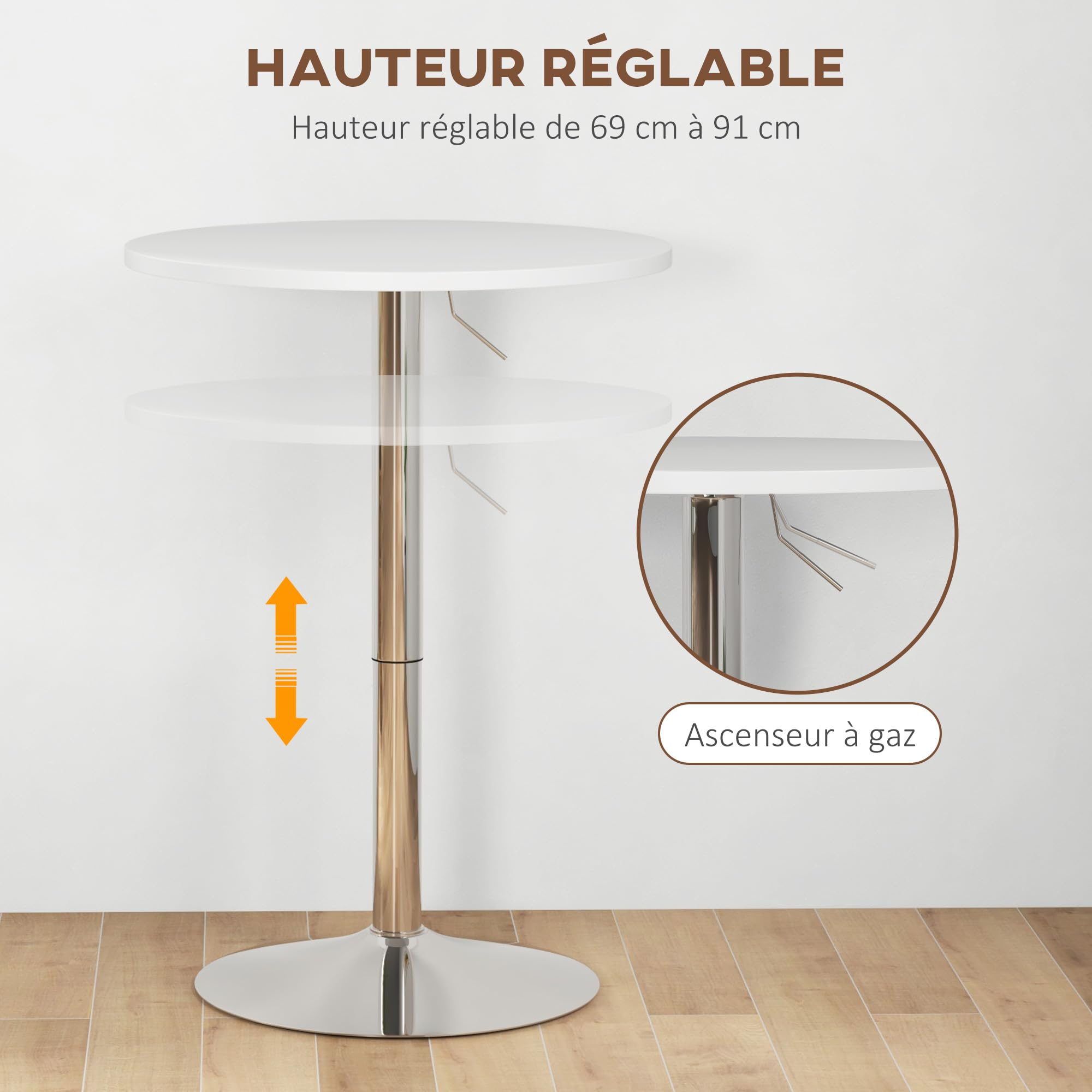 HOMCOM Table de Bar Ronde Hauteur Réglable 69-91 cm Blanc Argenté
