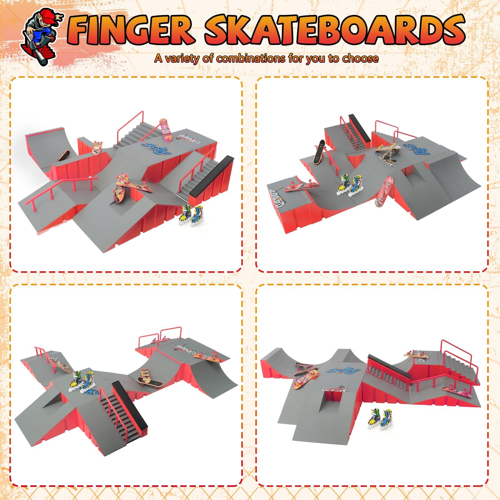 Tlater Finger Skateboard Park Kits, 14-in-1 Bigger Finger Skateboard Ramp Set DIY Montage Fingerboard Skatepark für Kinder Geburtstag Geschenk