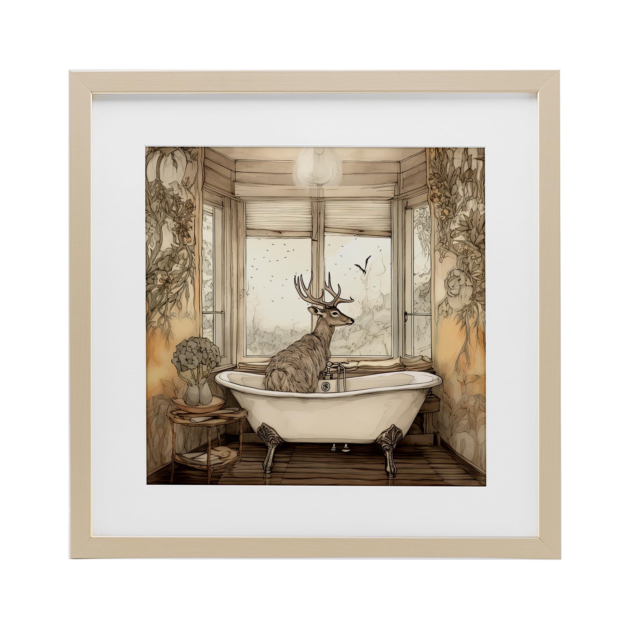 Stupell Industries Buck with Antlers Bath Time Birch Framed Print Under Glass, design by Sasha, 13 x 13
