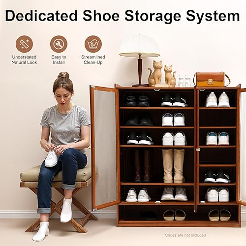 Miniatura 7 de 8 Tiers Bamboo Shoe Cabinet Shoe Storage Cabinet with Doors and Removable Tiers, Freestanding Shoe Rack Organizer for Hallway Living Room Balcony,