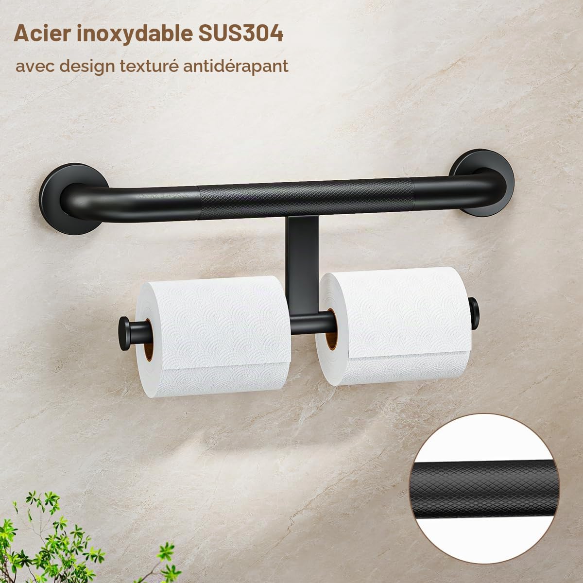 FANHAO Barre d'appui pour Douche avec Double Support pour Papier hygiénique 45.5 cm, 2 en 1 Barre d'assistance de sécurité Acier Inoxydable, Barre d'appui pour Personnes handicapées, âgées