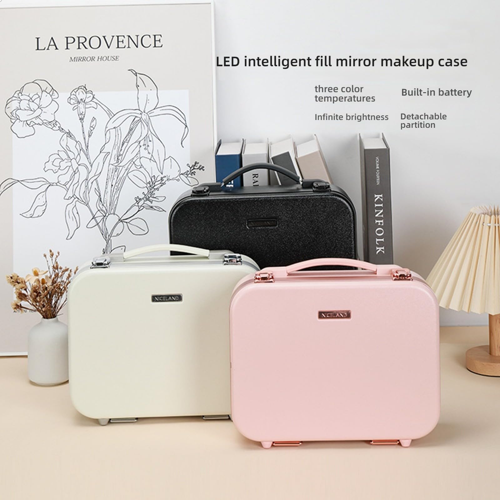 Beauty case professionale con anelli LED regolabili, luce e specchio, organizer portatile per cosmetici da donna, portatile, luminosità regolabile, B, One Size, Bellezza di massa