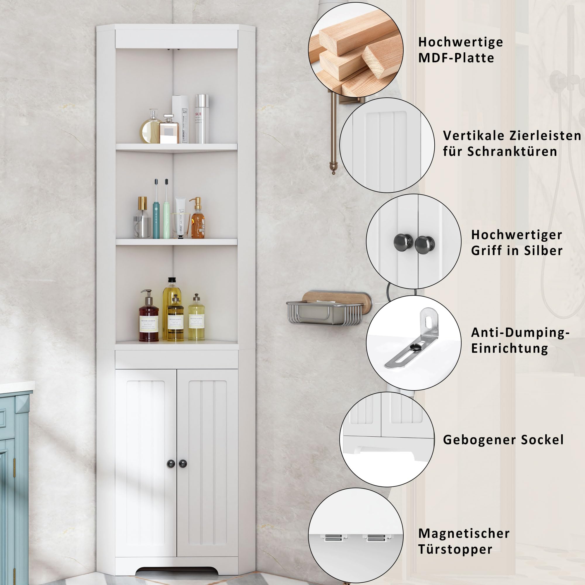 SogesHome Badezimmerschrank hoch mit offenen Regalfächern und Tür, platzsparender Eckschrank aus MDF, Feuchtigkeitsgeschützt, Einlegeböden höhenverstellbar, Weiß, Modernes Design (Weiß)