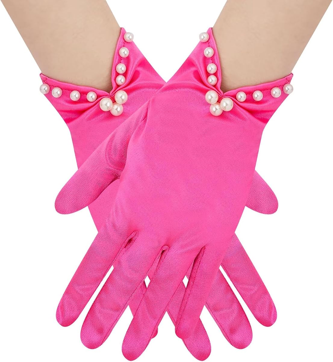 Guantes cortos de satén para mujer Hazhlko con perlas hasta la muñeca Guantes de fiesta de té para boda Disfraz de banquete de ópera nupcial