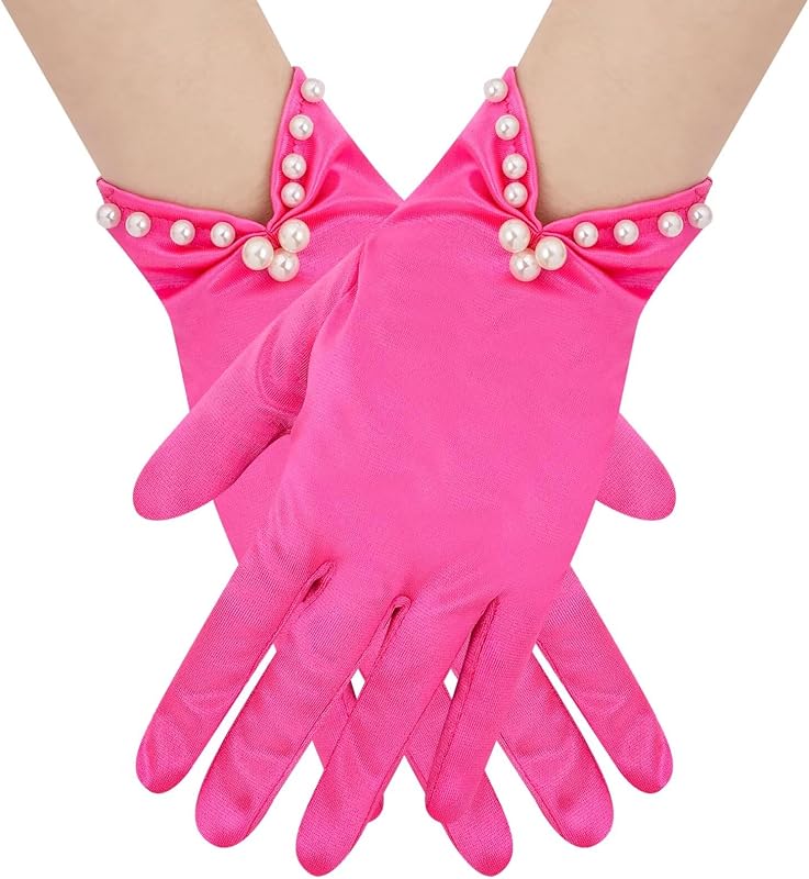 Guantes cortos de satén para mujer Hazhlko con perlas hasta la muñeca Guantes de fiesta de té para boda Disfraz de banquete de ópera nupcial