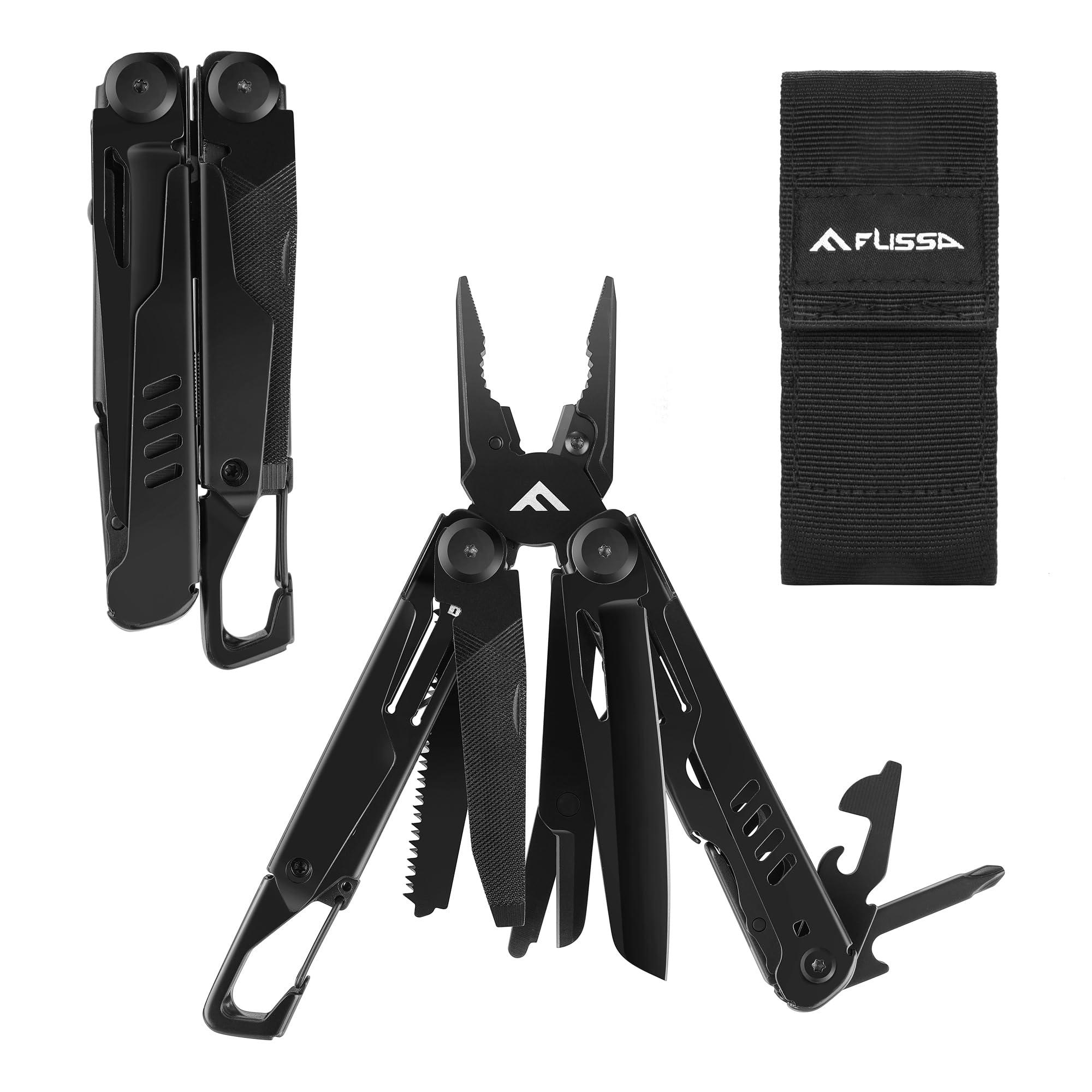 FLISSA Multiherramienta de Alicate, 15 en 1 Alicate Multiuso, Herramienta Multifuncional Plegable, Acero Inoxidable, con Bolsita Oxford, Perfecto para Acampada, Senderismo,etc. (Negro)