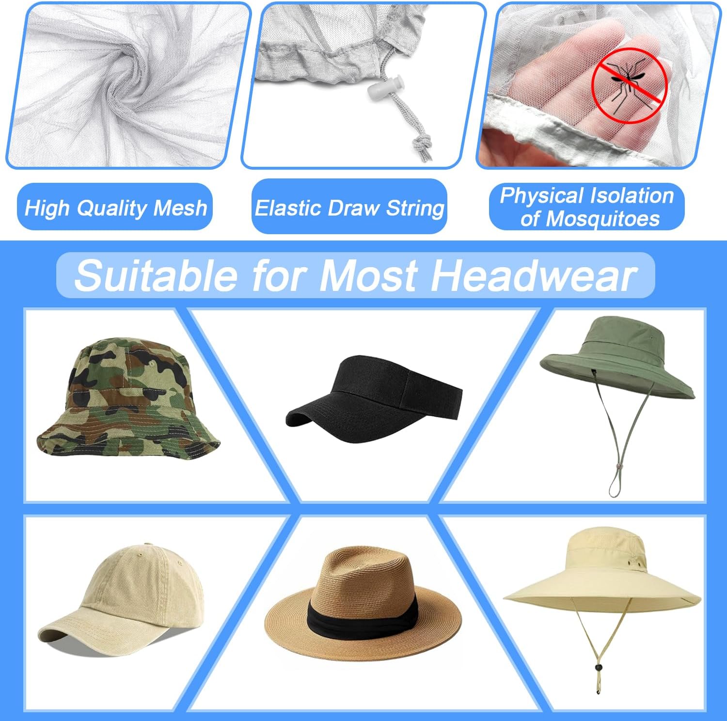 Anvin Mosquito Head Net Bug Hood for Fishing, Camping, Gardening Hat-Compatible Insect Shield Breathable Mesh Face Cover from No See Ums, Insects, Bugs(3 Pack, Upgraded One-Piece Design, Grey)