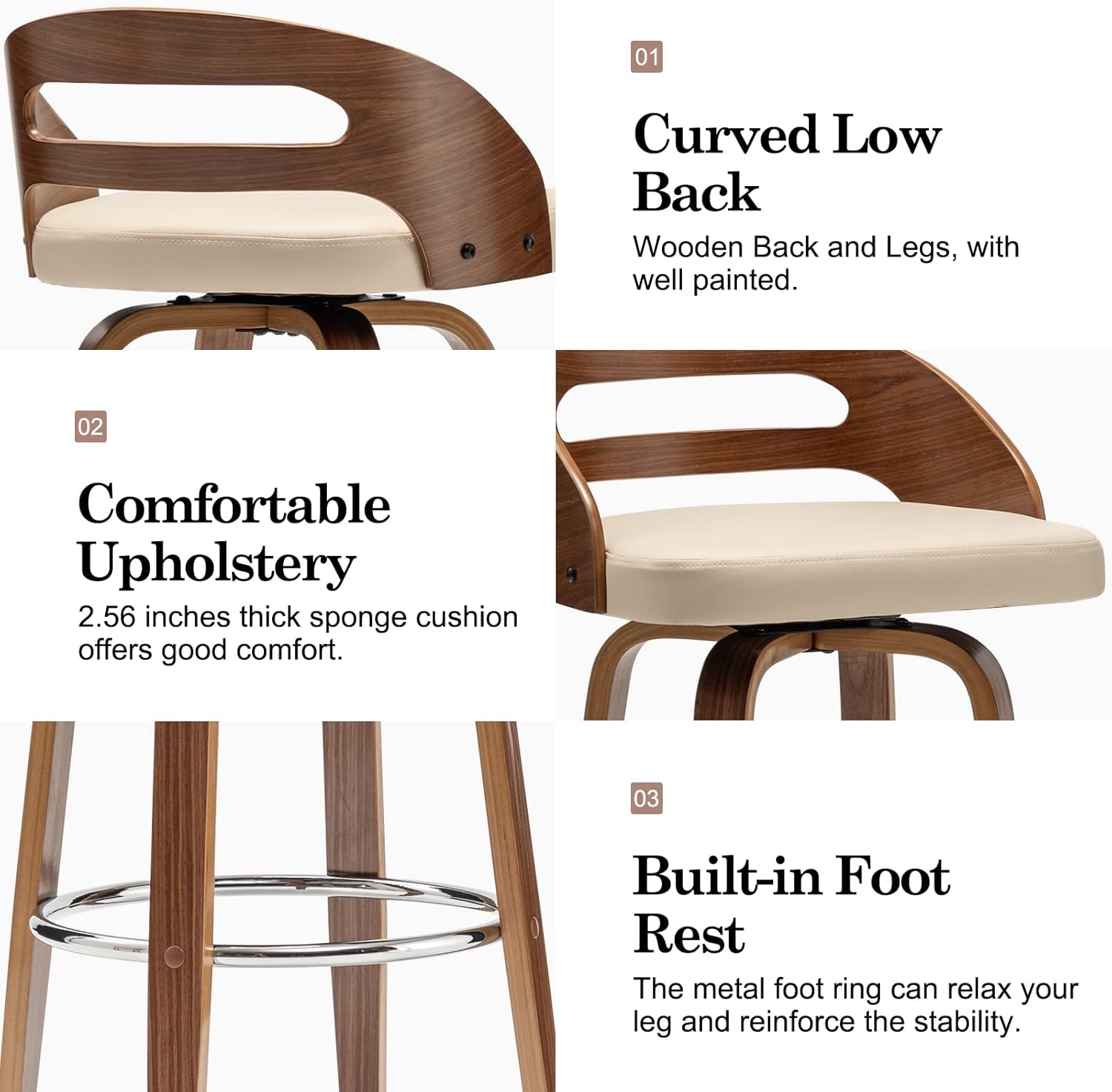 Counter Stools Set of 2, Counter Height Bar Stools with Walnut Bentwood, Low Back, Upholstered Faux Leather, Soft Cushion Seat, Counter Top Stools for Kitchen/Island (Beige, 25" Seat Height) Beige Seat Height - 25"