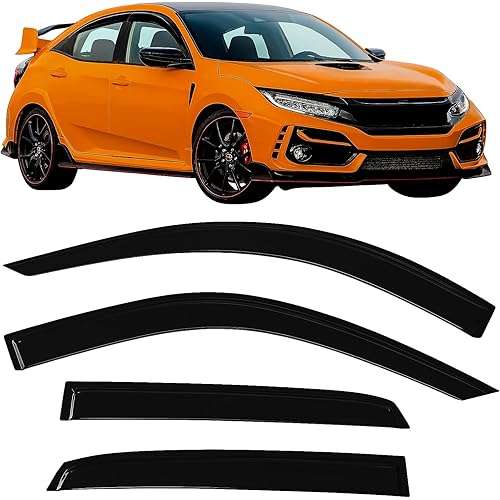 2016-2021 Tape-On Rain Guards for Honda Civic Hatchback Side Window Visor Deflectors 10th Gen HB Type-R EX EX-L LX Sport Touring 3D Wavy JDM Style Vent Shades