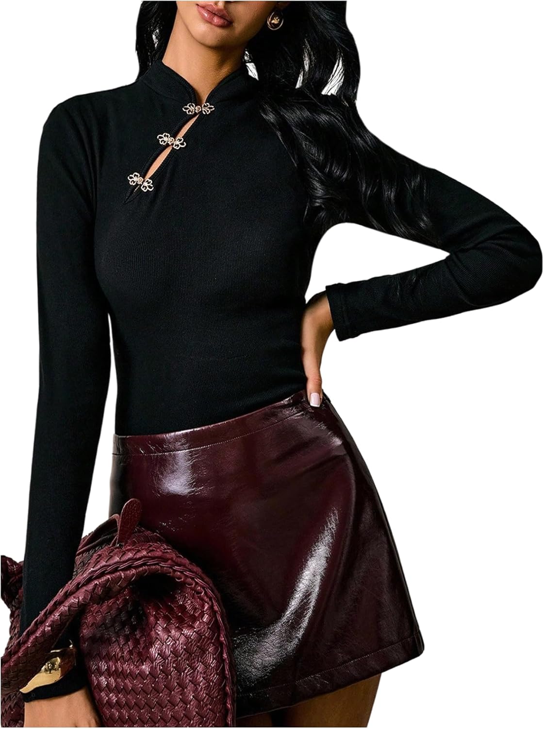 SweatyRocks Women's Long Sleeve Top Mock Neck Cut Out Slim Fit T Shirt Cheongsam Tops