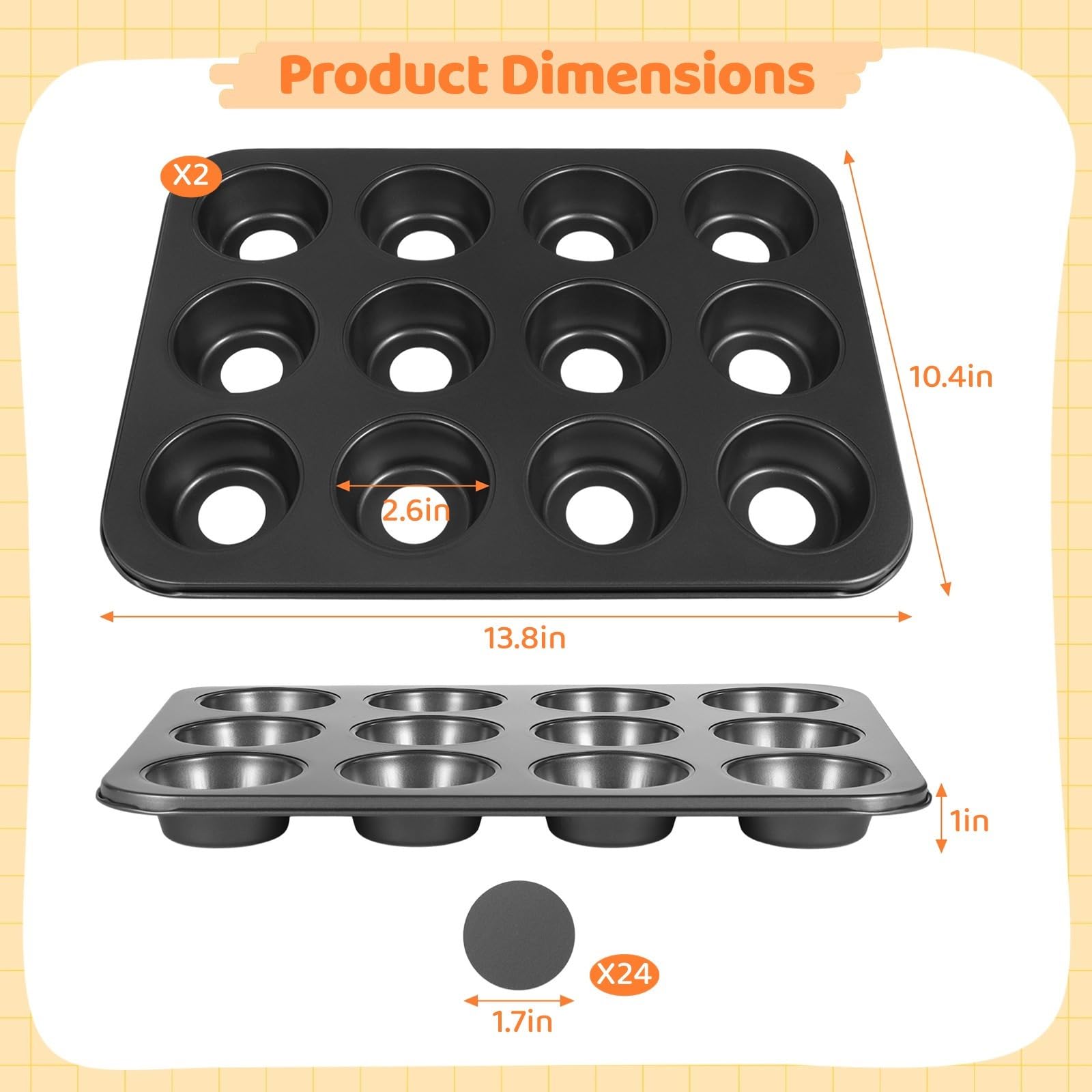 2 mini moldes para tartas de queso, moldes antiadherentes para magdalenas de 12 cavidades con parte inferior extraíble, acero al carbono, 13.8 x 10.4 pulgadas, juego para hornear