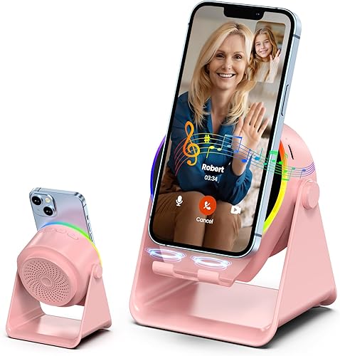Miniatura 12 de Altavoz de inducción inalámbrico, soporte para teléfono con amplificador de altavoz Bluetooth, sonido estéreo, luz ambiental RGB, soporte de Negro