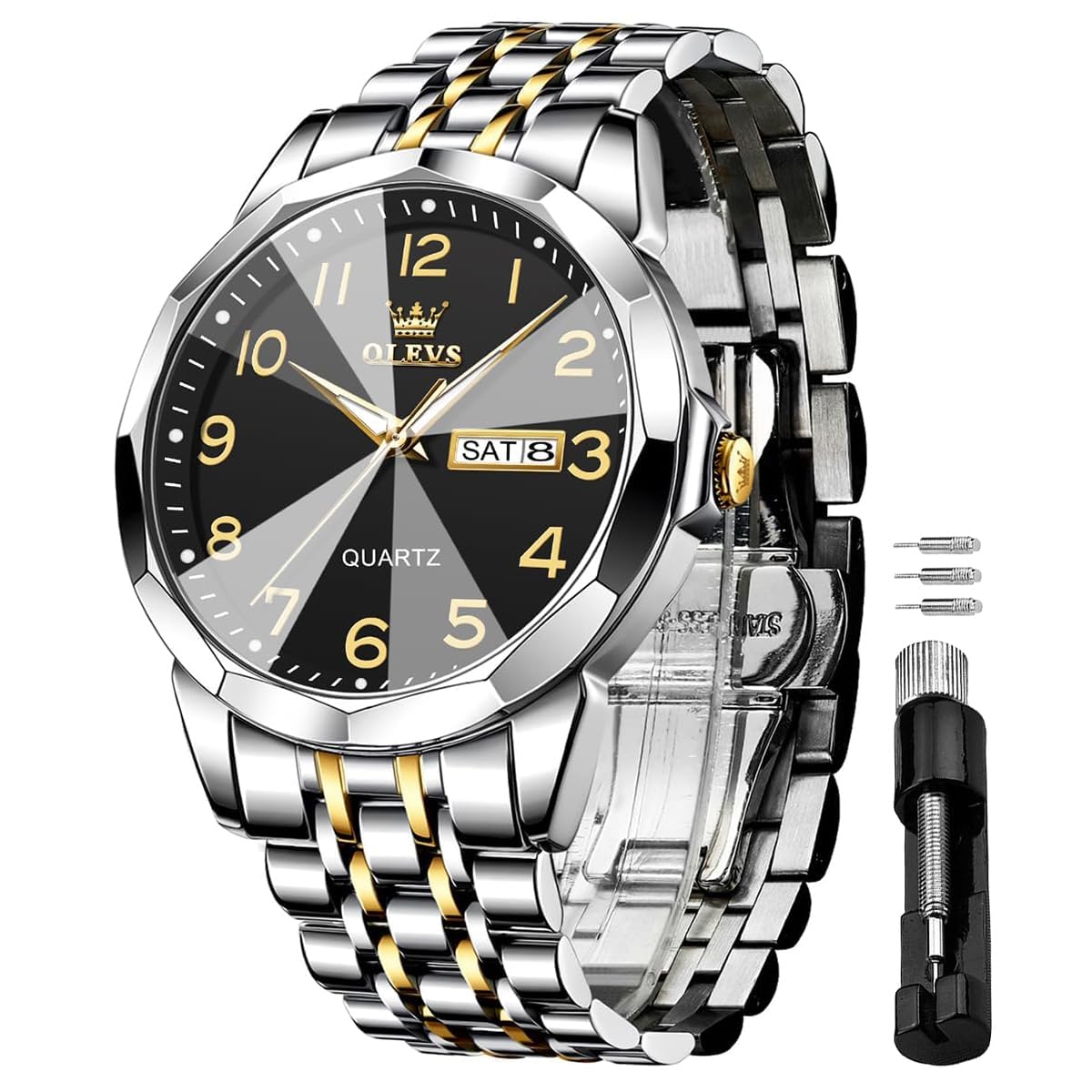 OLEVSWatches for Men Stainless Steel Analog Quartz Waterproof Luminous Luxury Dress Date Diamond Business Casual Mens Wrist Watch（Gold/Blue/Black/White Dial）