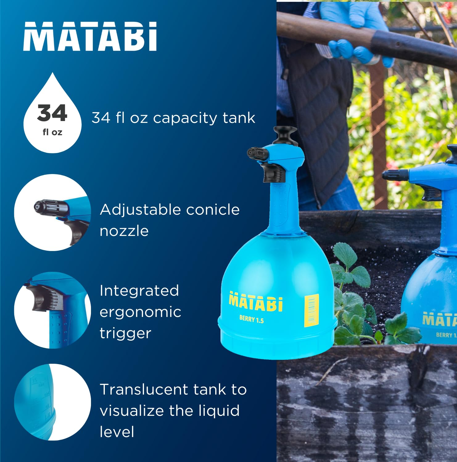 Matabi Spruzzatore a Pressione per Piante, Giardino e Pulizia - 1L - Ugello Regolabile - Serbatoio Traslucido - Design Ergonomico - Ideale per Interni ed Esterni - Berry 1.5 - Prodotto in UE