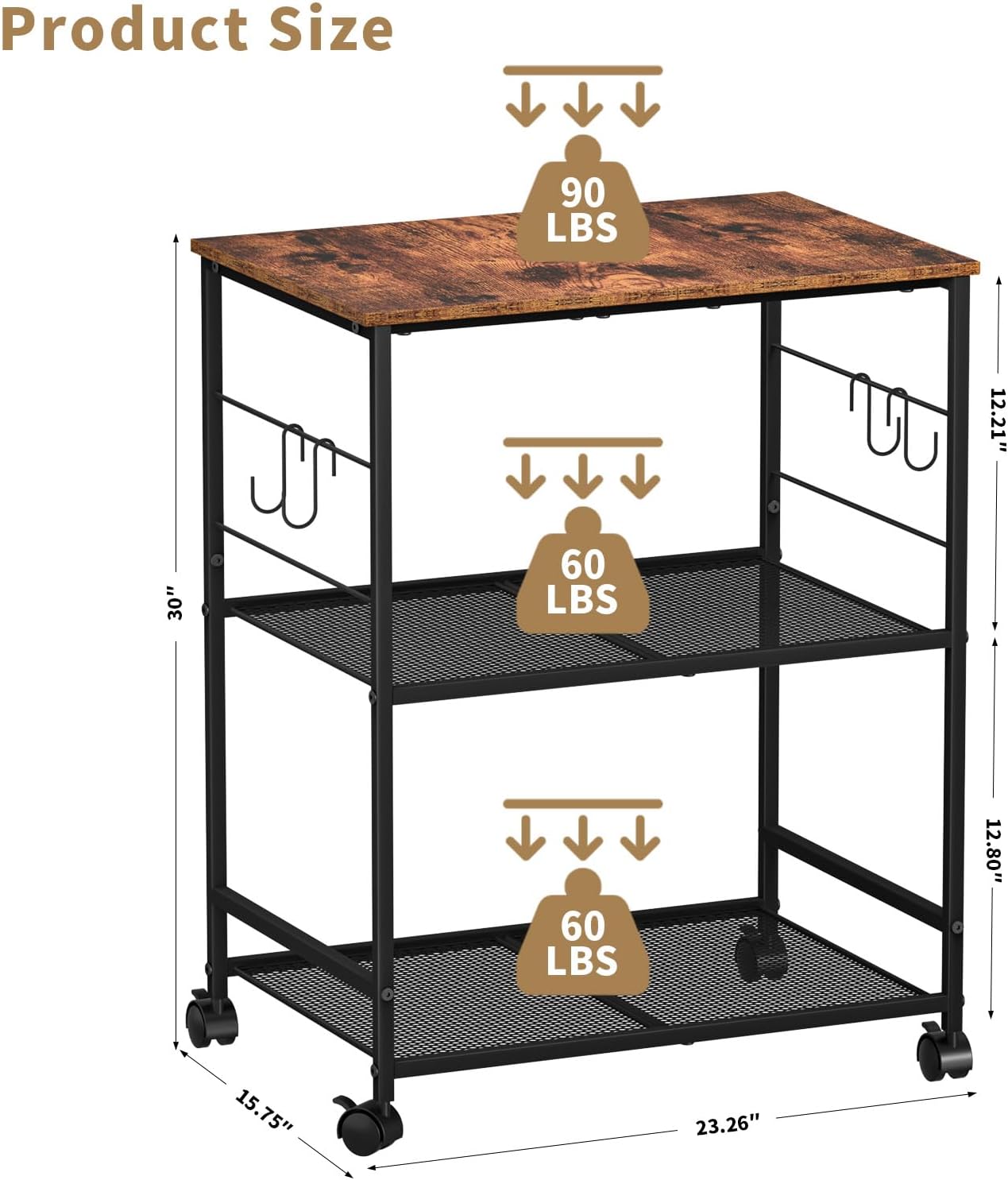 ThreeHio Printer Stand, 3Tier Printer Table with Wheels, Printer Cart with Storage Shelf, Printer Desk for Home Office Fax Machine Scanner, Rolling Cart for Kitchen, Laundry, Balcony, Living Room