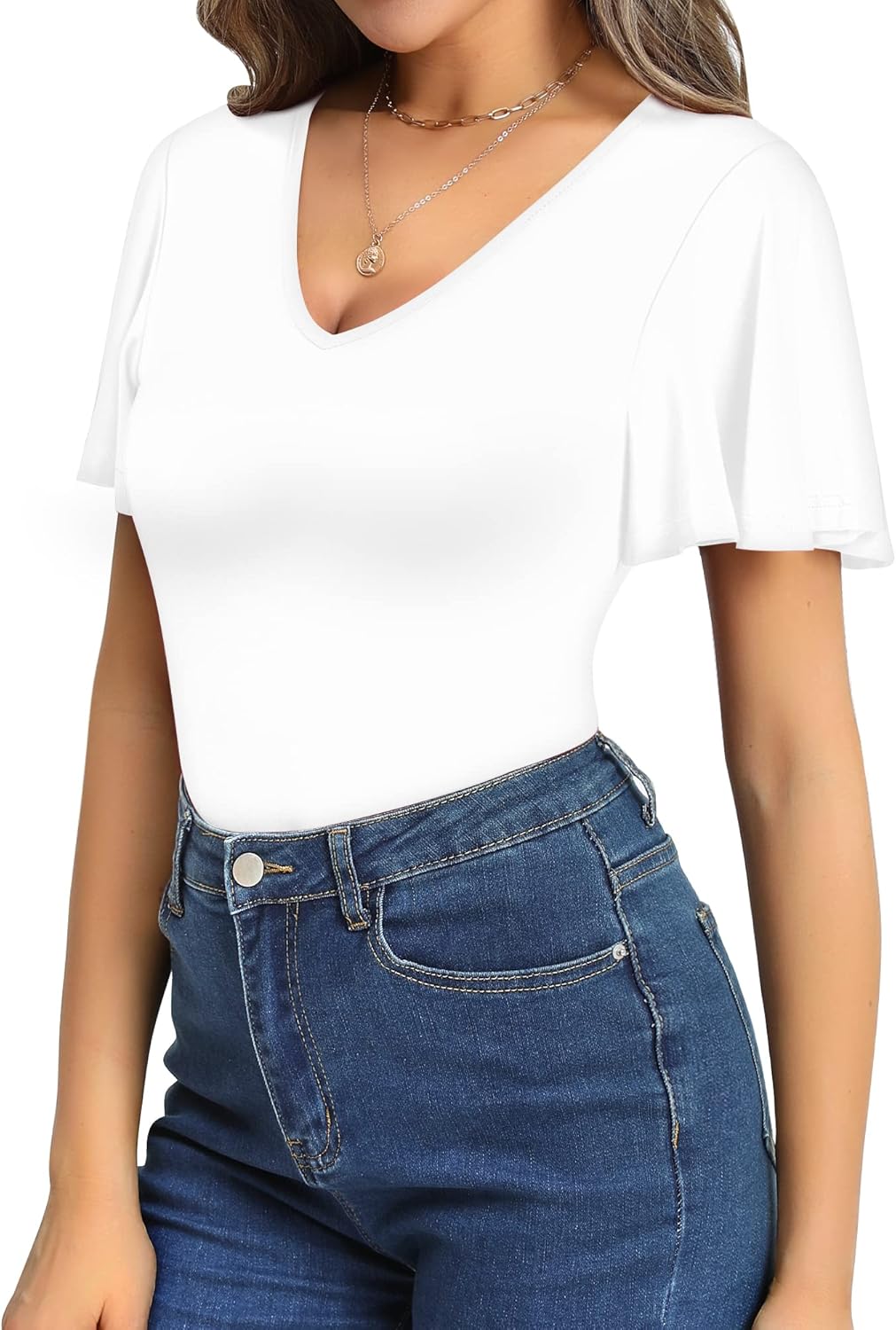 MANGOPOP Women's V Neck Short Sleeve Bodysuits Ruffle Puff Sleeve Body suit Sexy Going Out Tops - Image 3