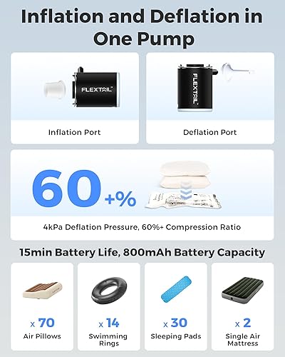 Miniatura 6 de FLEXTAILGEAR Bomba de aire de camping con luz de campamento, bomba de aire para inflables, bomba de colchón de aire portátil con flujo de aire de