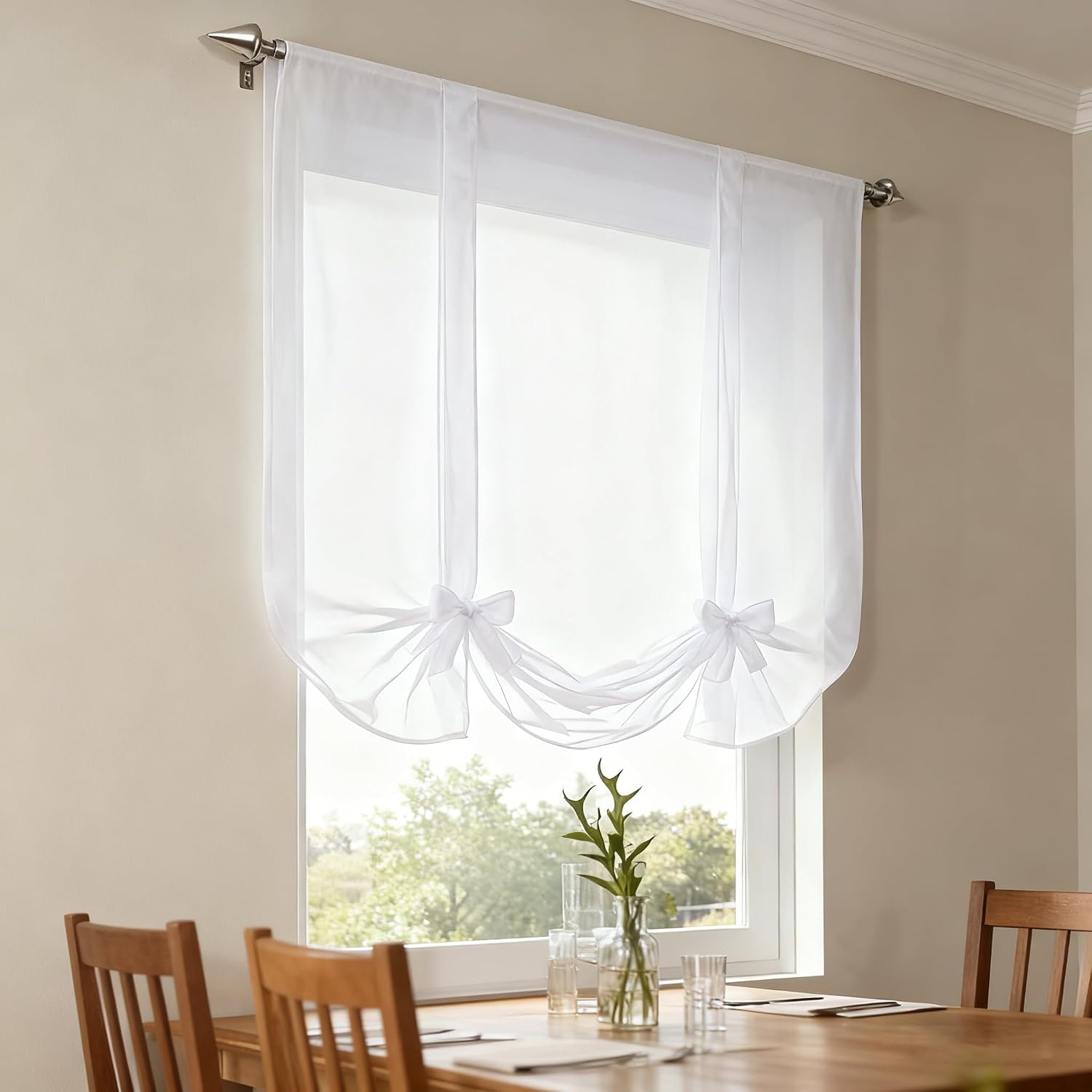 WPKIRA 1 Panel Ribbon Tie Up Solid White Roman Curtain Transparent Sheer Voile Balloon Shades with Solid Stripes Lift Sheer Curtain Drapes Voile Valances Cafe Kitchen W39 x L55 Inch