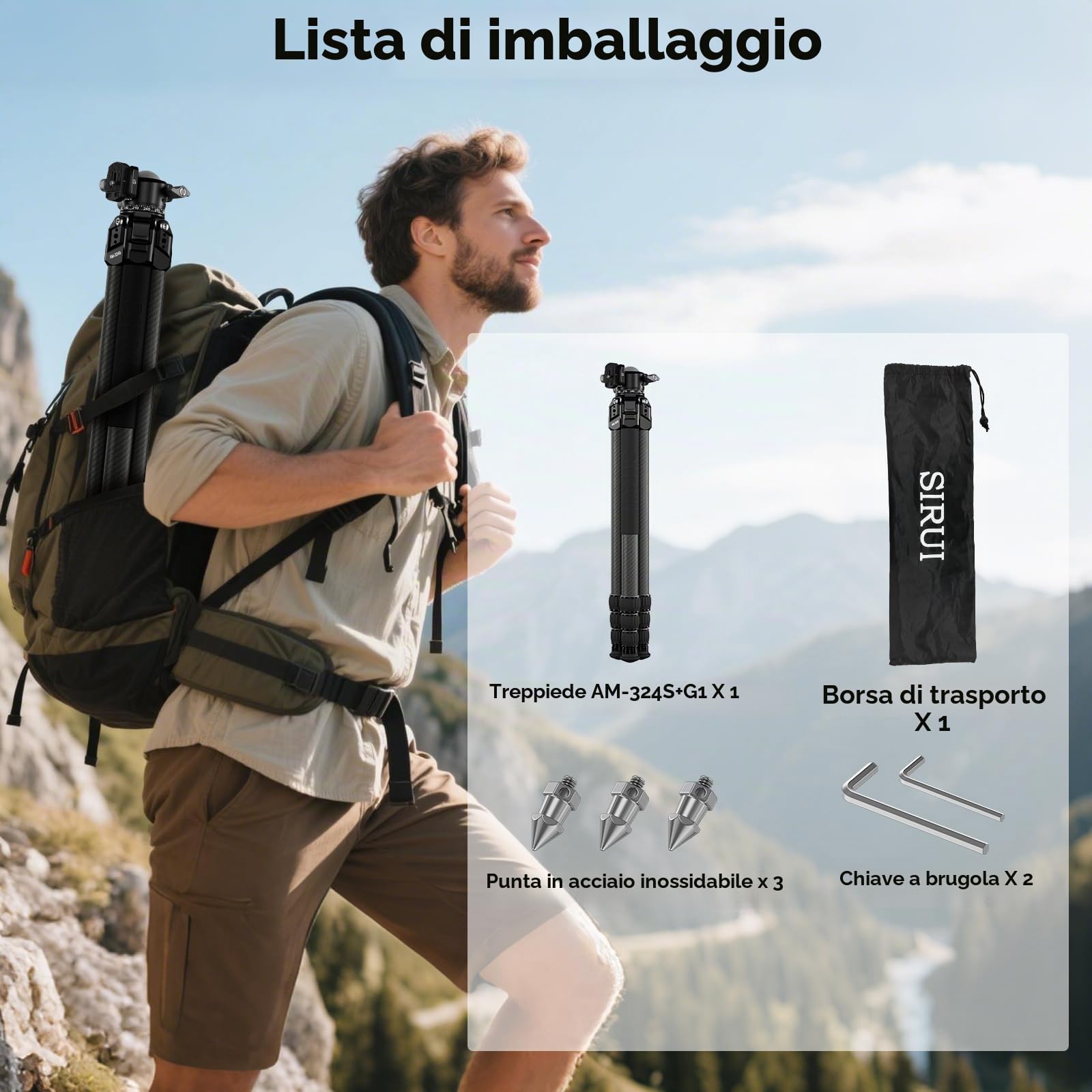 SIRUI Heavy-Duty Treppiede per Fotocamera in Fibra di Carbonio, 152CM Treppiede Professionale con 360° Testa a Sfera a Baricentro Basso, Leggero e Portatile, Carico Fino a 20KG, AM-324S+G1