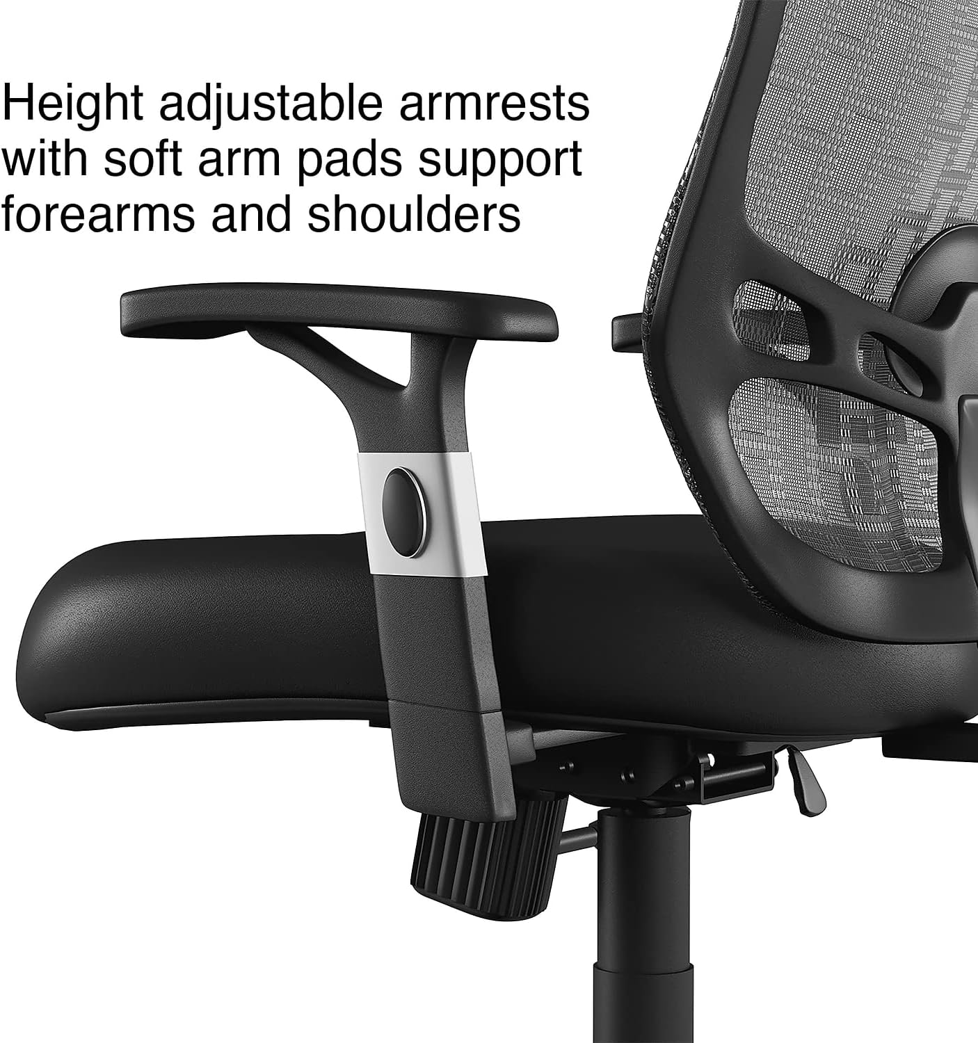 Close-up of height adjustable armrests with soft arm pads