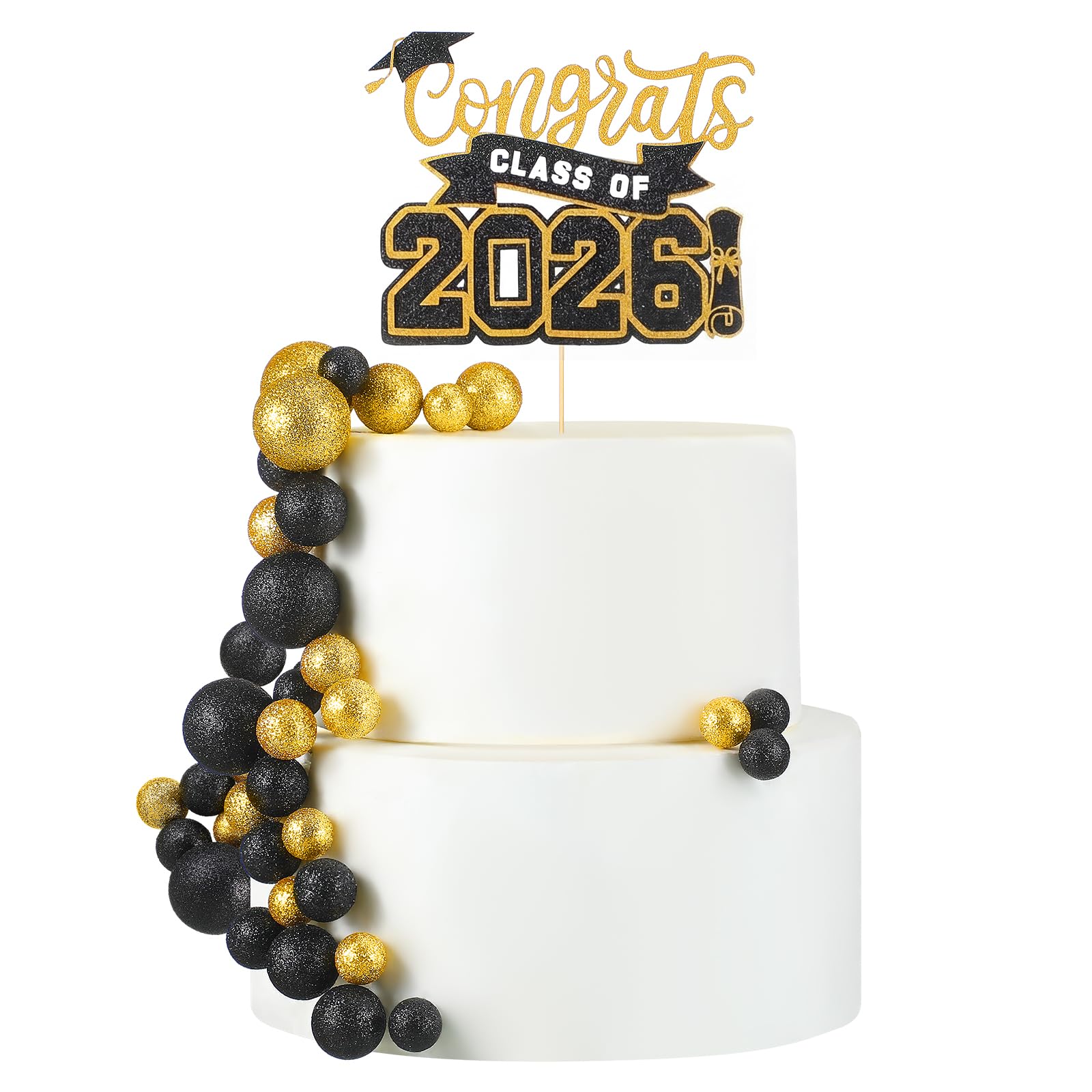Zhehao 31 Pcs Graduation Cake Topper Class of 2026 Cake Topper Mini Balloon Black and Gold Decorations for Anniversary Party