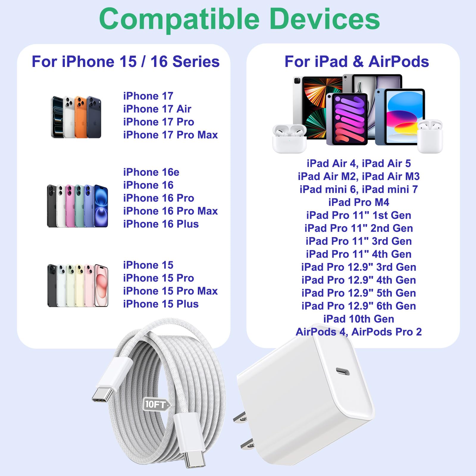 Cargador de carga rápida para iPhone 16 15, paquete de 3 cargadores USB C de carga rápida de 20 W con cable tipo C a C de 10 pies de largo, ladrillo de bloque tipo C para iPhone 16e/16/16 Pro/16 Plus