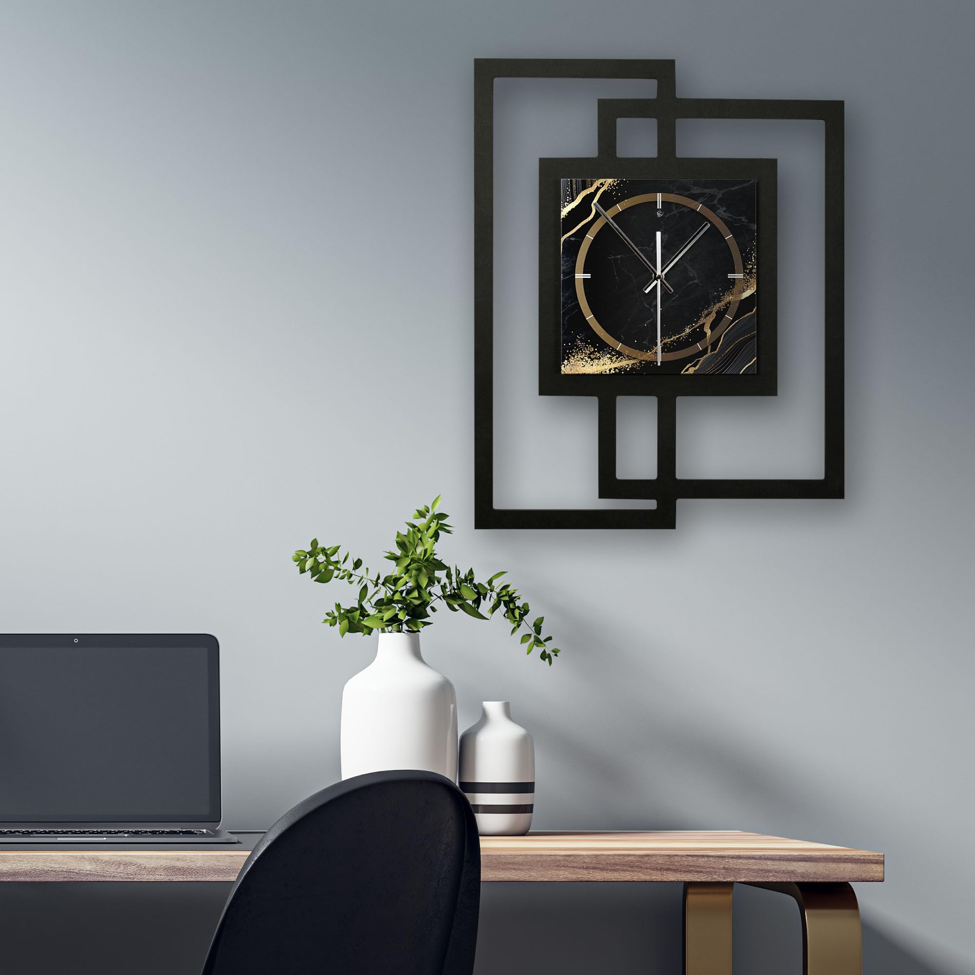 Kreative Feder Designer-Wanduhr in modernem Metallic-Look ohne Tickgeräusche (Black & Gold Waves, leises Funkuhrwerk)